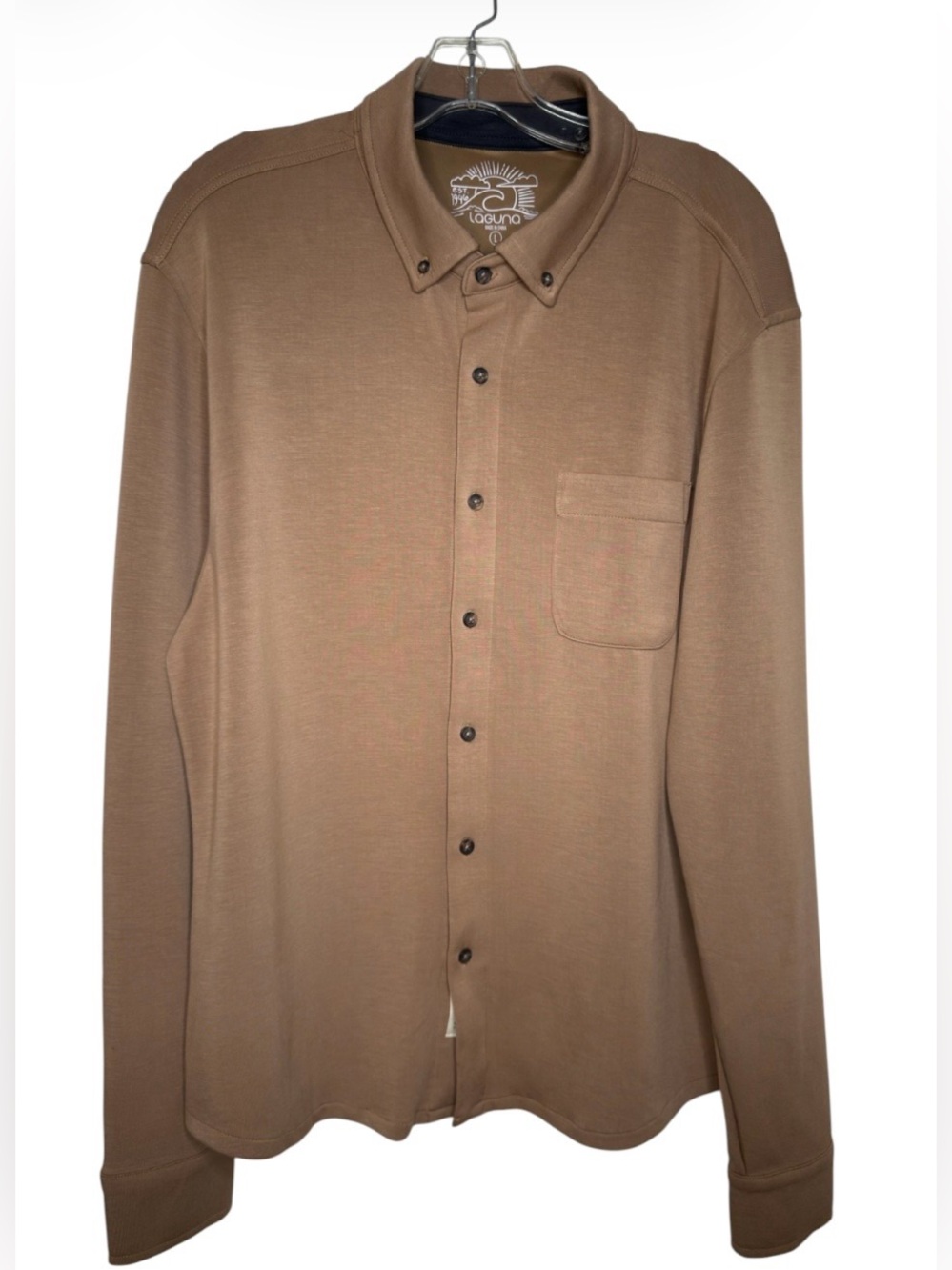 Laguna B Men's Button-Down Shirt in Tan With Collar & Front Patch Pocket